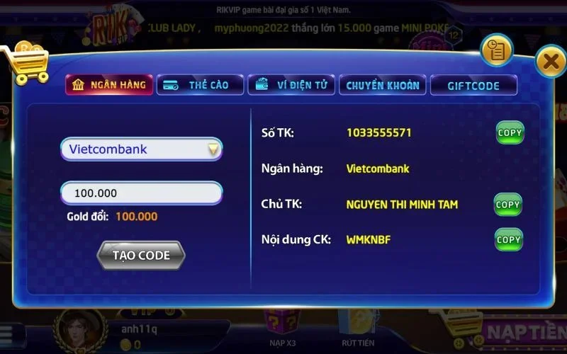 Nạp tiền siêu tốc qua ngân hàng tại Rikvip – An toàn, tiện lợi, thực hiện trong tích tắc