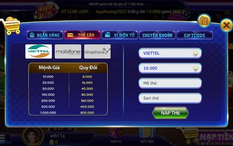 Thẻ cào Rikvip cách nạp tiền siêu tốc, chơi game không lo gián đoạn